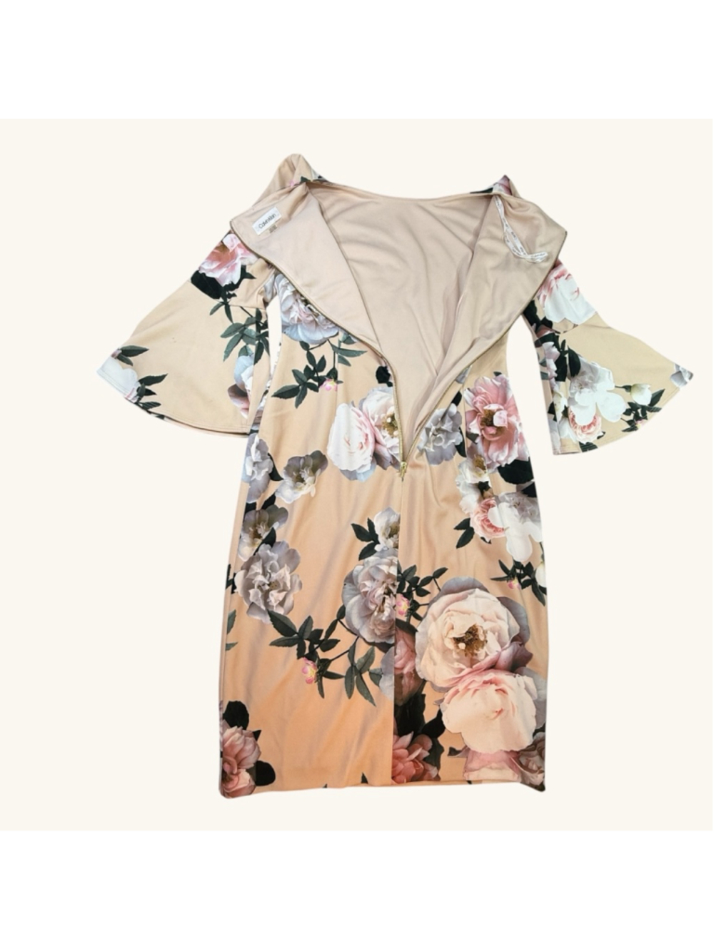 Calvin Klein Floral Dress Size 8 Beige Pink Rose Print Bell Sleeve Sheath - Picture 3 of 8